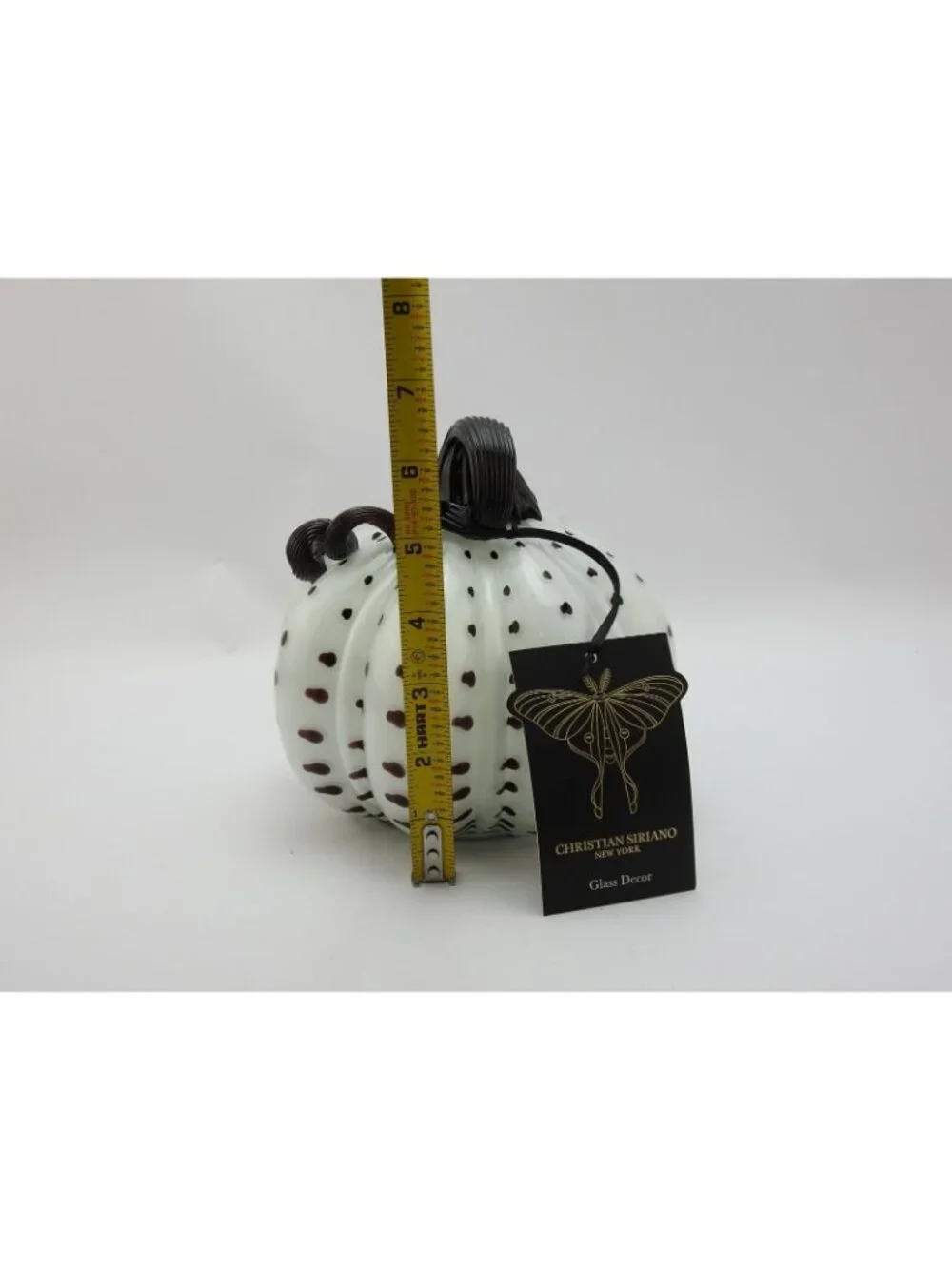 Christian Siriano Hand Blown Glass Pumpkin White Black Spotted Fall Decor 6 In